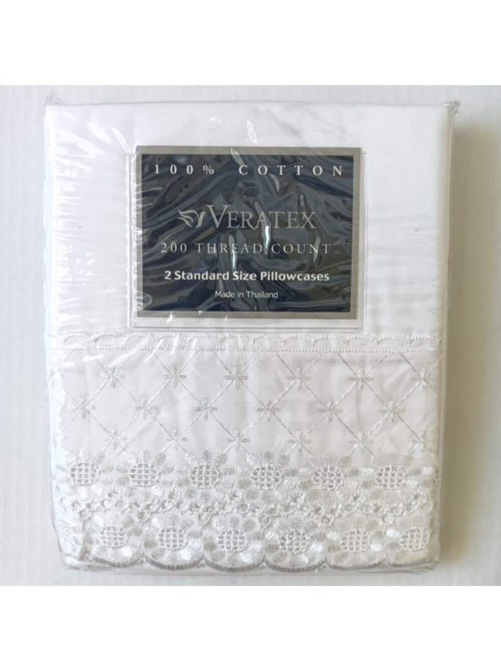 Veratex White Cotton Standard Size Embroidered Lace Detail Pillowcases-Set of 2 - Picture 6 of 6